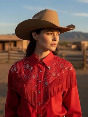 Vintage Lilia Smitty USA Western Fringe Shirt Red Floral Lace Cowboy Rodeo M